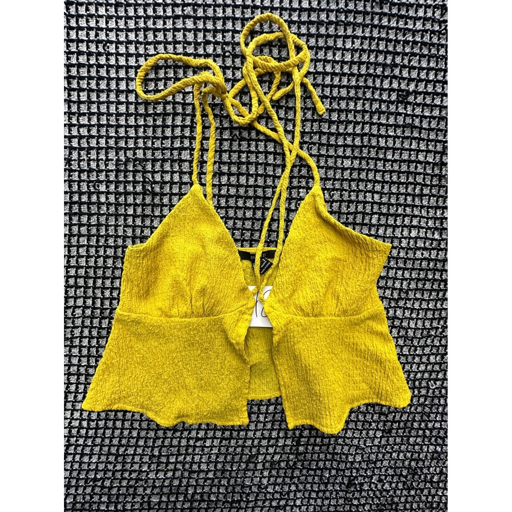 Forever 21 Halter Top Womens Small Yellow Crinkle Textured Peplum‎ Smock